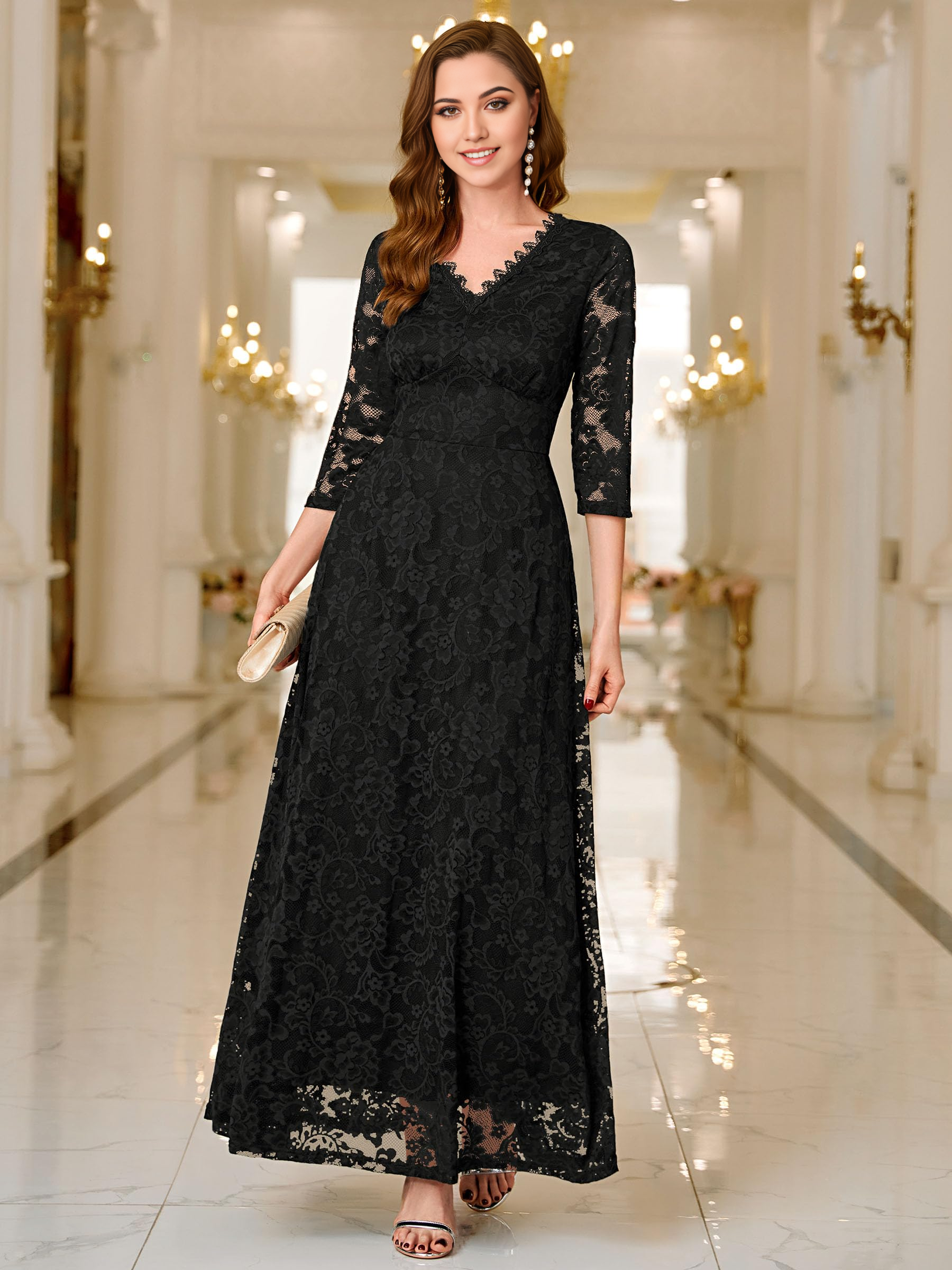 Vestido de noche formal con escote en V, encaje, mangas 2/3, vestidos de fiesta